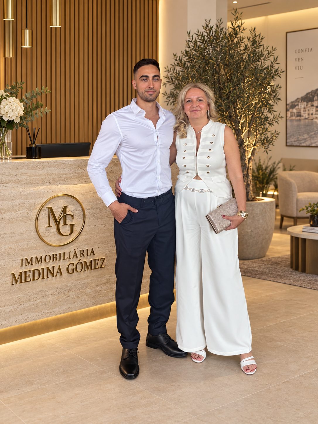 Retrato de Immobiliària Medina Gómez en una recepción con el logo de la agencia